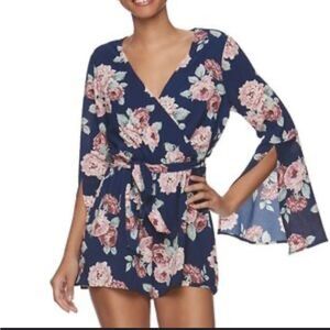 Lily Rose navy and coral bell sleeve floral romper